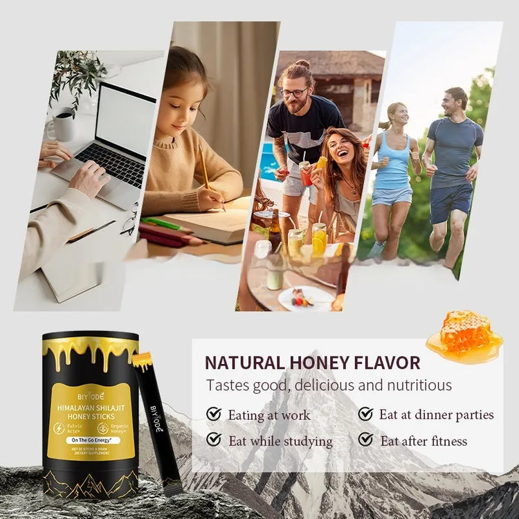 Himalayan Shilajit Honey Sticks with natural honey flavor – ideal for eating at work, studying, dinner parties, and post-fitness. Tasty, nutritious, and enriched with fulvic acid and organic honey for sustained energy.