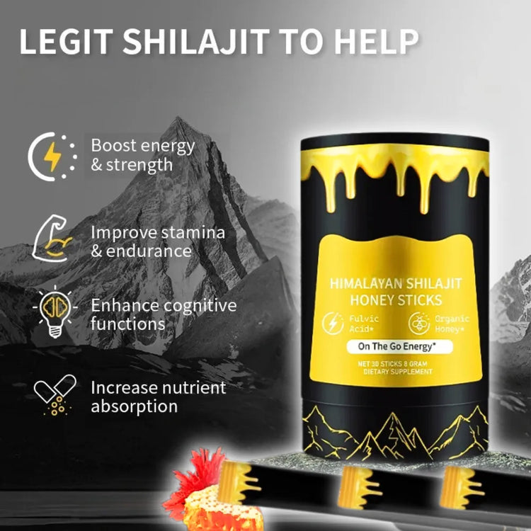 Shilajit Honey Sticks? Enriched with 85+ essential minerals, naturally sweet Shilajit, sourced from 16,000 ft in the Himalayas, third-party lab-tested for purity, and free from heavy metals.