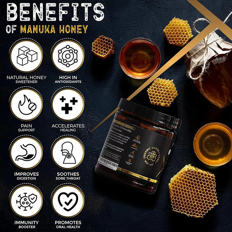 Benefits of Manuka Honey – Natural Sweetener, High in Antioxidants, Supports Pain Relief, Improves Digestion, Boosts Immunity, and Promotes Oral Health