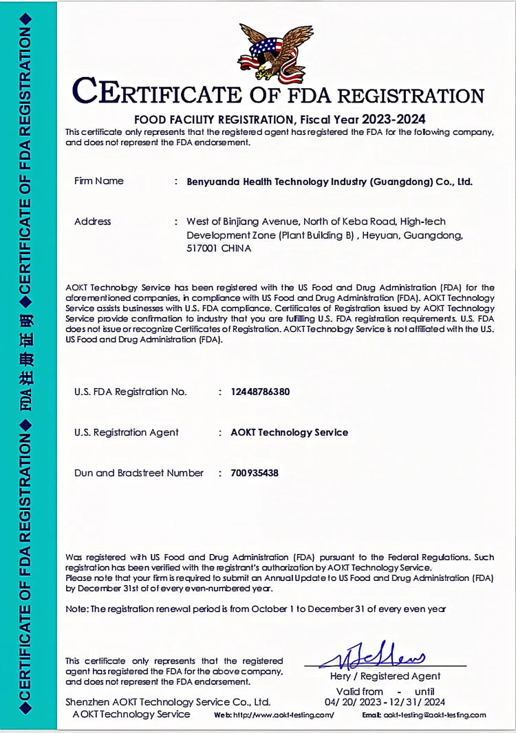 FDA Registration Certificate for Benyuanda Health Technology (Guangdong) Co., Ltd., valid for fiscal year 2023-2024, issued by AOKT Technology Service