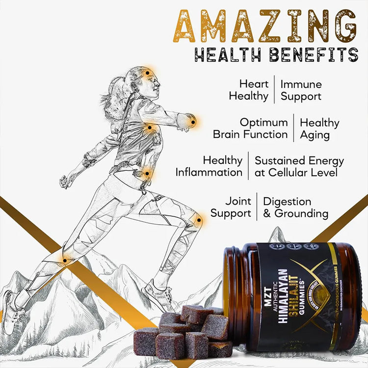 Illustration showcasing the amazing health benefits of MZT Himalayan Shilajit Gummies. Benefits include heart health, immune support, optimum brain function, healthy aging, reduced inflammation, sustained cellular energy, joint support, digestion improvement, and grounding. Features a dynamic sketch of a running woman and a jar of gummies with a mountain backdrop.