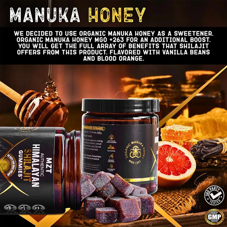 Himalayan Shilajit Gummies featuring Organic Manuka Honey MGO +263 as a natural sweetener. Includes the health benefits of Manuka honey combined with Shilajit, flavored with vanilla beans and blood orange. The image showcases the gummies jar, honeycomb, blood orange slices, and a honey dipper against a warm, natural background, emphasizing wellness and purity.