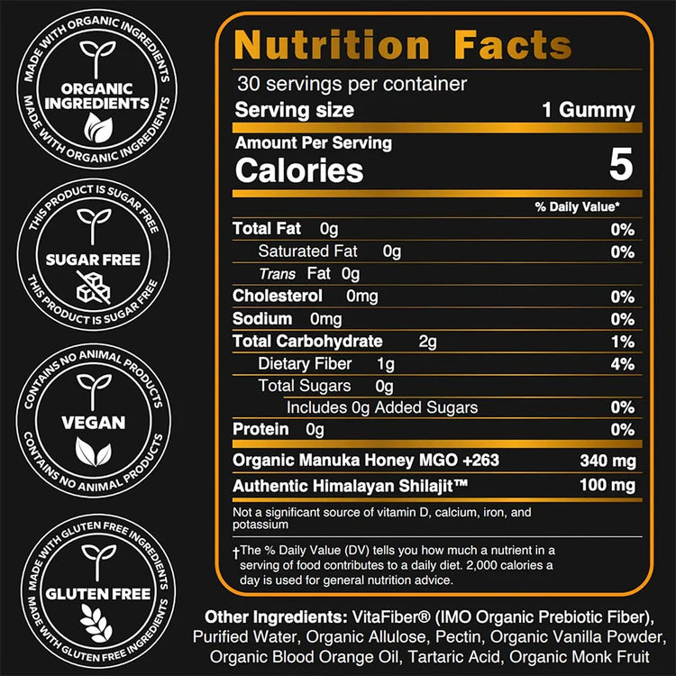 Nutrition facts label for organic gummies featuring Authentic Himalayan Shilajit and Organic Manuka Honey MGO +263. The product is sugar-free, gluten-free, and vegan with organic ingredients. Each gummy contains 5 calories, 2g total carbohydrates, 1g dietary fiber, and 0g sugar. Additional ingredients include VitaFiber, purified water, organic allulose, pectin, and organic blood orange oil.